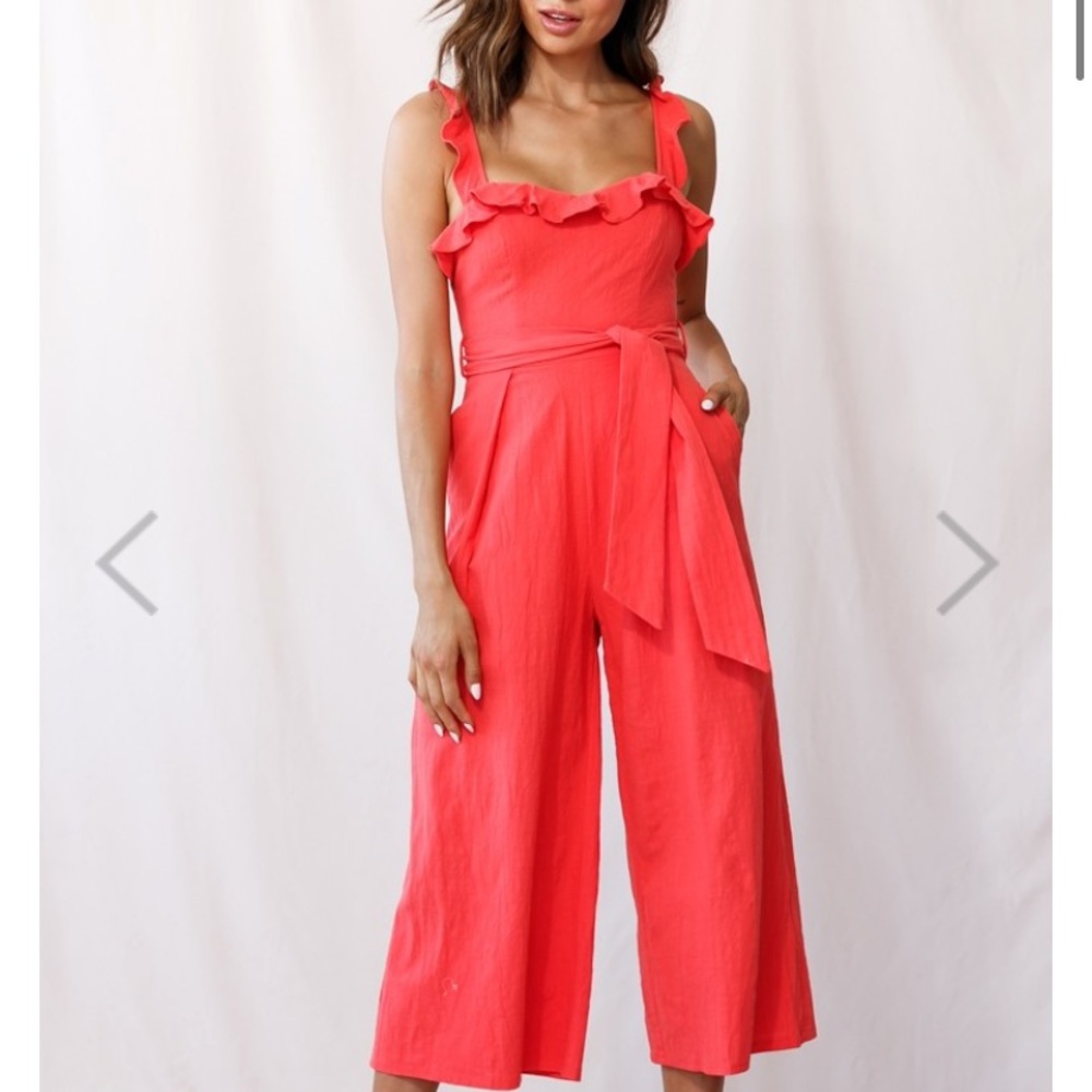 Kaia Ruffle Strap Wide-Leg Capri Jumpsuit Red
